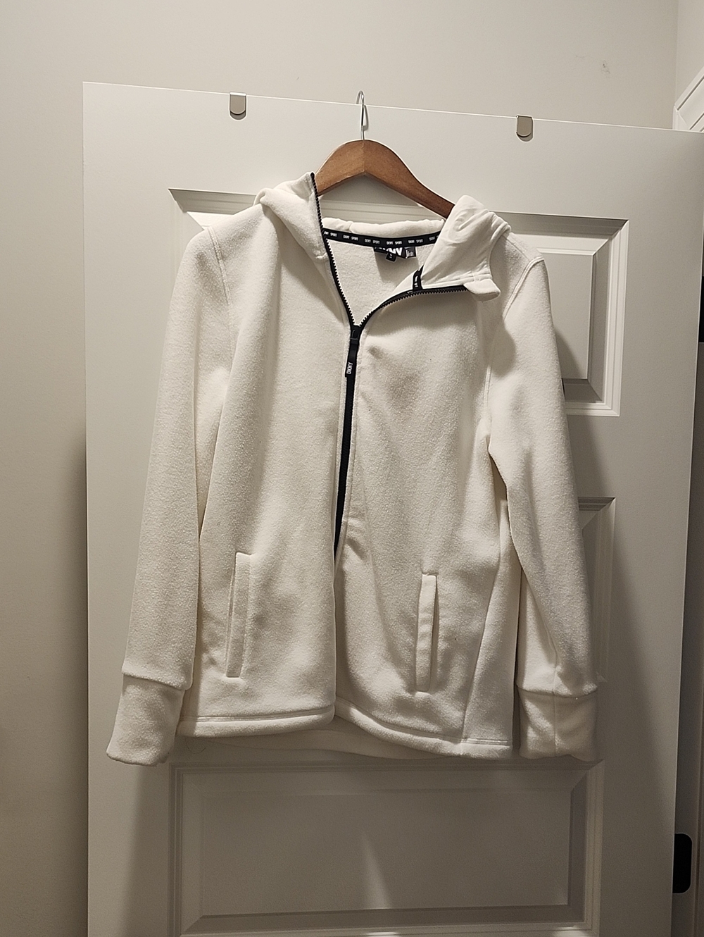 DKNY Sport White Hooded Zip-Up Fleece Jacket Size Large L